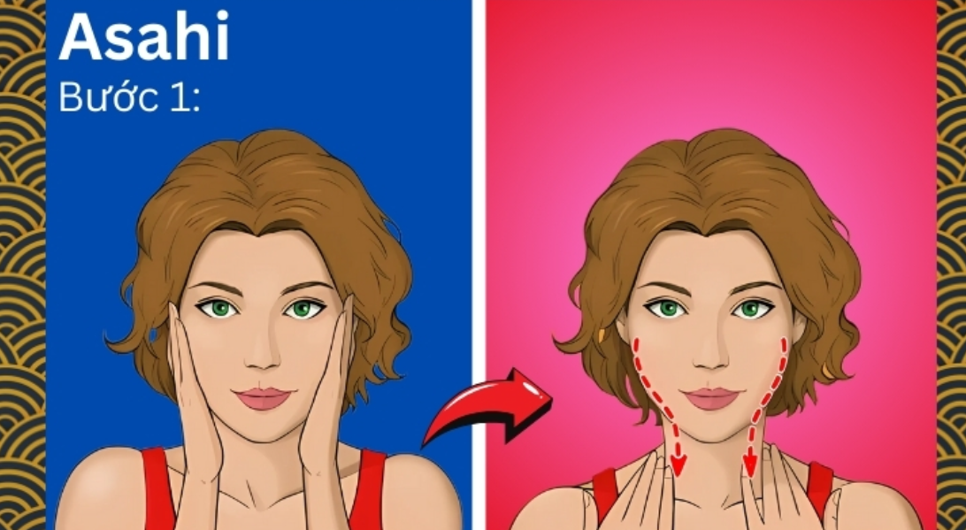 Hình minh họa hai bước massage mặt với hướng dẫn bằng mũi tên đỏ trên nền xanh và hồng.