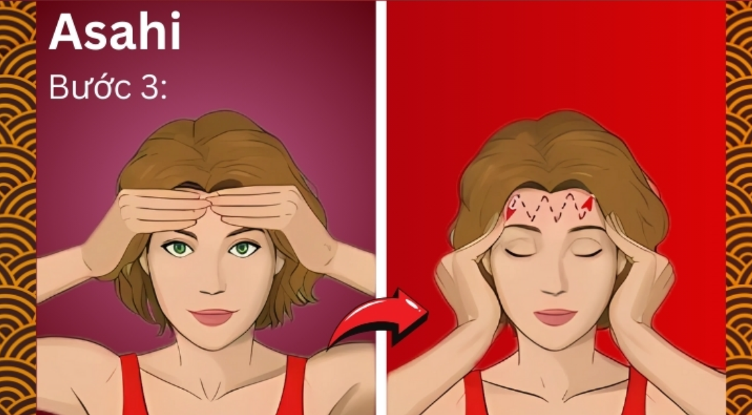 Hình minh họa hướng dẫn động tác massage trán trong quy trình chăm sóc da mặt, gồm hai bước thực hiện.