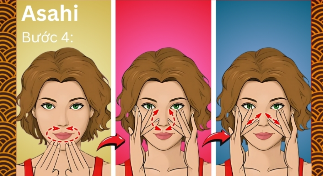 Hướng dẫn ba bước massage mặt với mũi tên chỉ hướng di chuyển của tay trên khuôn mặt người phụ nữ.