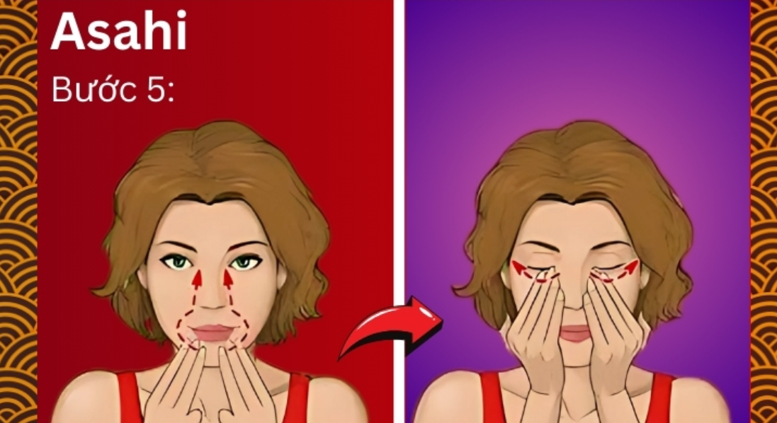 Hình ảnh minh họa hai bước massage mặt với mũi tên chỉ hướng di chuyển tay.