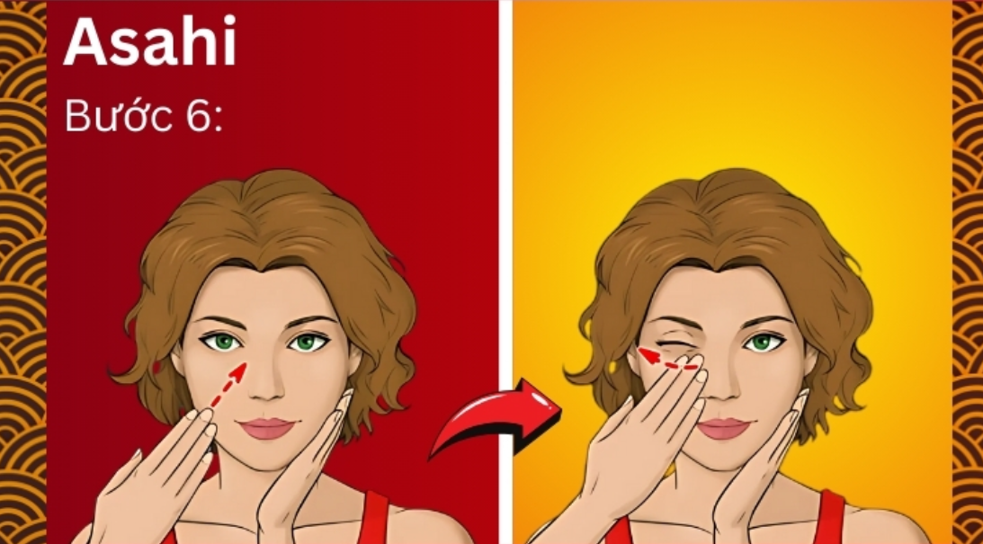 Minh họa hướng dẫn massage mặt Asahi, gồm hai bước với mũi tên chỉ hướng di chuyển tay trên gương mặt.
