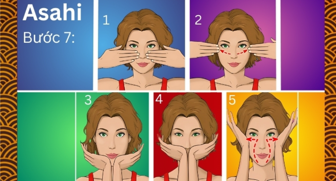 Hướng dẫn 5 bước massage mặt Asahi với hình minh họa động tác trên khuôn mặt.