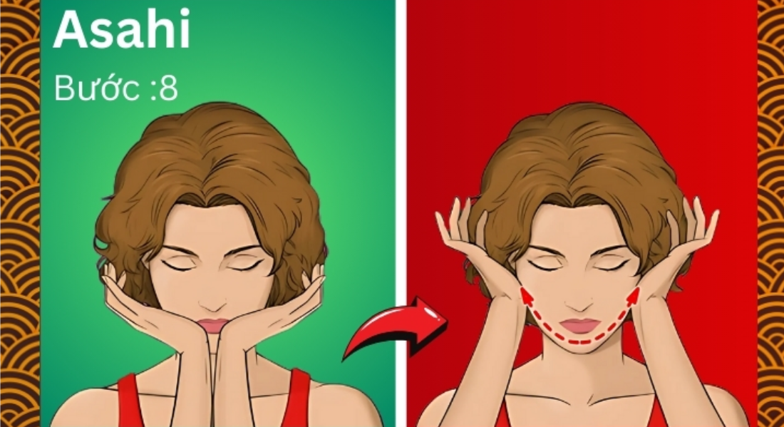 Hướng dẫn massage mặt Asahi Bước 8, với hai bước di chuyển tay trên cằm, nền xanh và đỏ.