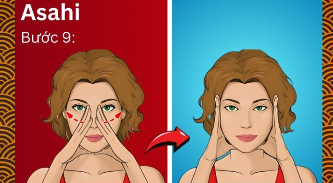 Hình minh họa hướng dẫn massage mặt Asahi, gồm hai bước với mũi tên chỉ hướng di chuyển tay.