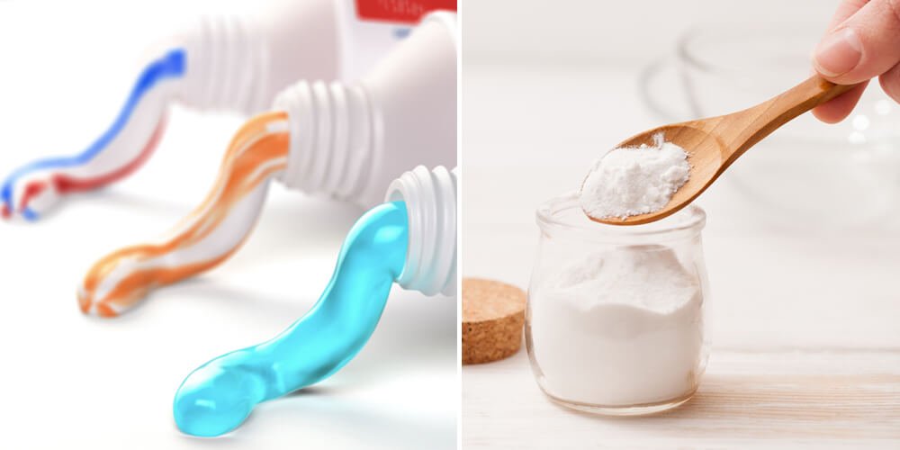 Hình ảnh gồm ba tuýp kem đánh răng màu sắc khác nhau và một lọ bột trắng cùng một muỗng gỗ.