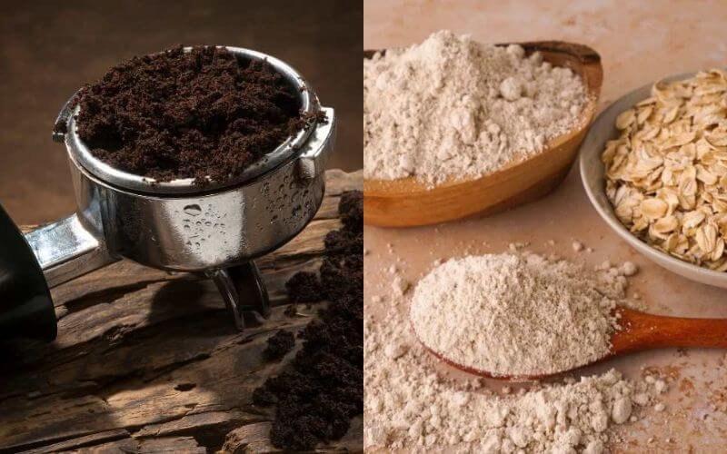 Bã cà phê trong tay cầm espresso bên trái và bột yến mạch trong bát gỗ bên phải trên nền gỗ.