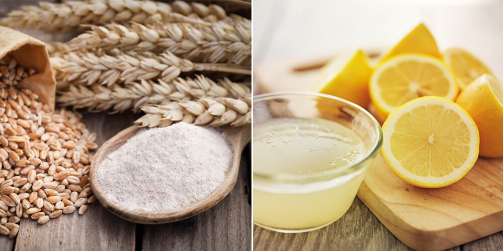 Bên trái: lúa mì, bột trong thìa gỗ; bên phải: chanh cắt lát, nước chanh trong bát nhỏ trên thớt gỗ.