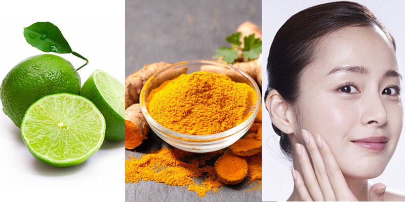 Chanh xanh, bột nghệ và người chạm mặt, tượng trưng cho chăm sóc da tự nhiên.