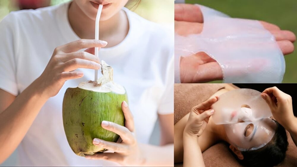 Người uống nước dừa, một người cầm mặt nạ dưỡng da, và một người khác đang đắp mặt nạ lên mặt.