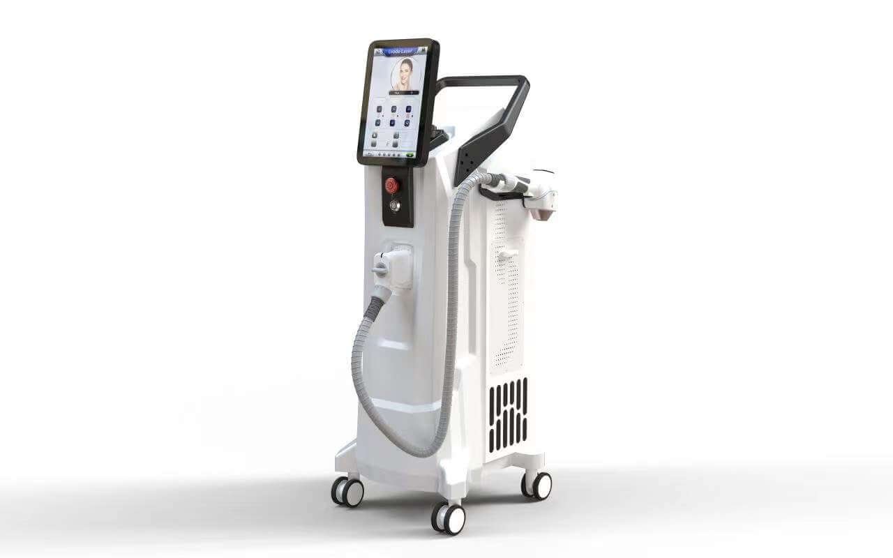Máy thẩm mỹ màu trắng với màn hình cảm ứng và bánh xe di chuyển, dùng trong các liệu trình chăm sóc da.
