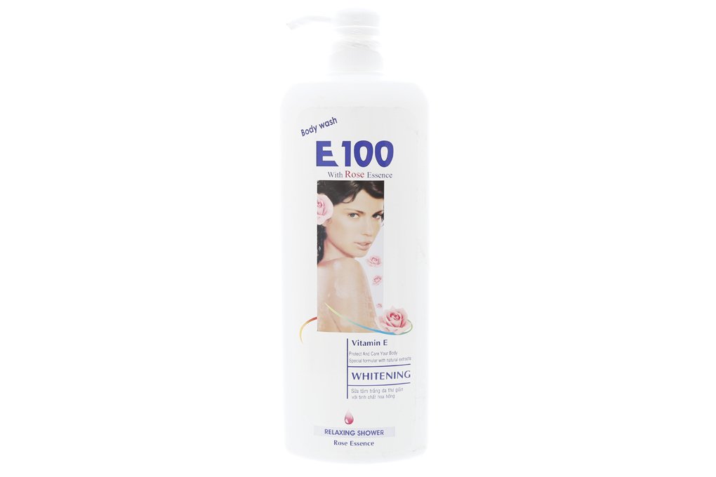 Chai sữa tắm E100 với tinh chất hoa hồng, có hình ảnh người mẫu và thông tin sản phẩm trên nhãn màu trắng.