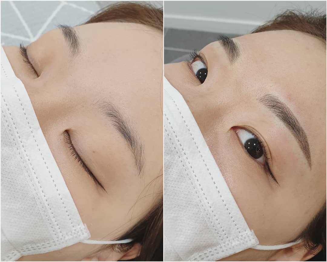 Trước và sau khi làm đẹp lông mày của một người đeo khẩu trang, với mắt nhắm và mở.