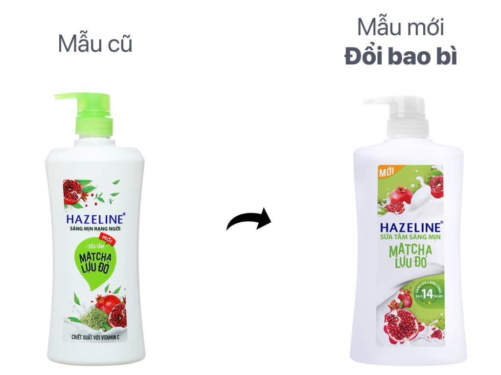 Hình ảnh so sánh thiết kế cũ và mới của chai sữa tắm với hình quả lựu và lá trà xanh.