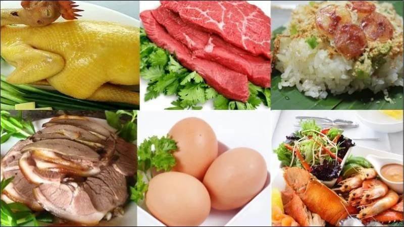 Hình ảnh gồm các món ăn đa dạng: gà luộc, thịt bò, xôi, thịt heo, trứng gà, và hải sản với rau sống.