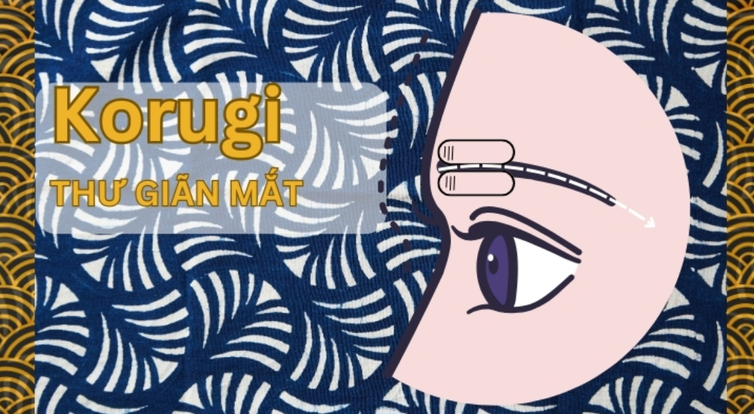 Hình ảnh minh họa kỹ thuật massage mắt Korugi trên nền họa tiết xanh trắng.