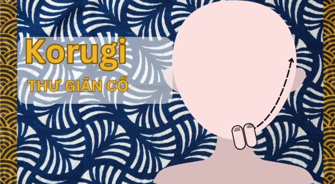 Hình minh họa kỹ thuật massage Korugi cho cổ trên nền họa tiết xanh và vàng.