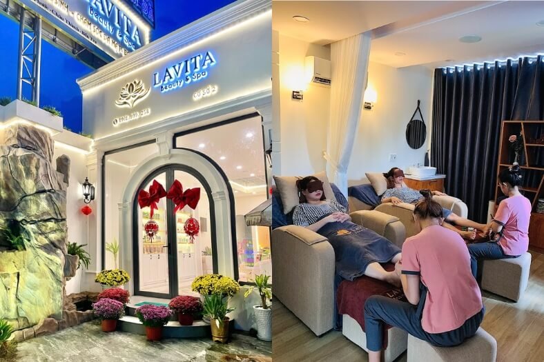 Mặt tiền spa và cảnh bên trong với khách hàng đang được chăm sóc chân trong không gian thư giãn.