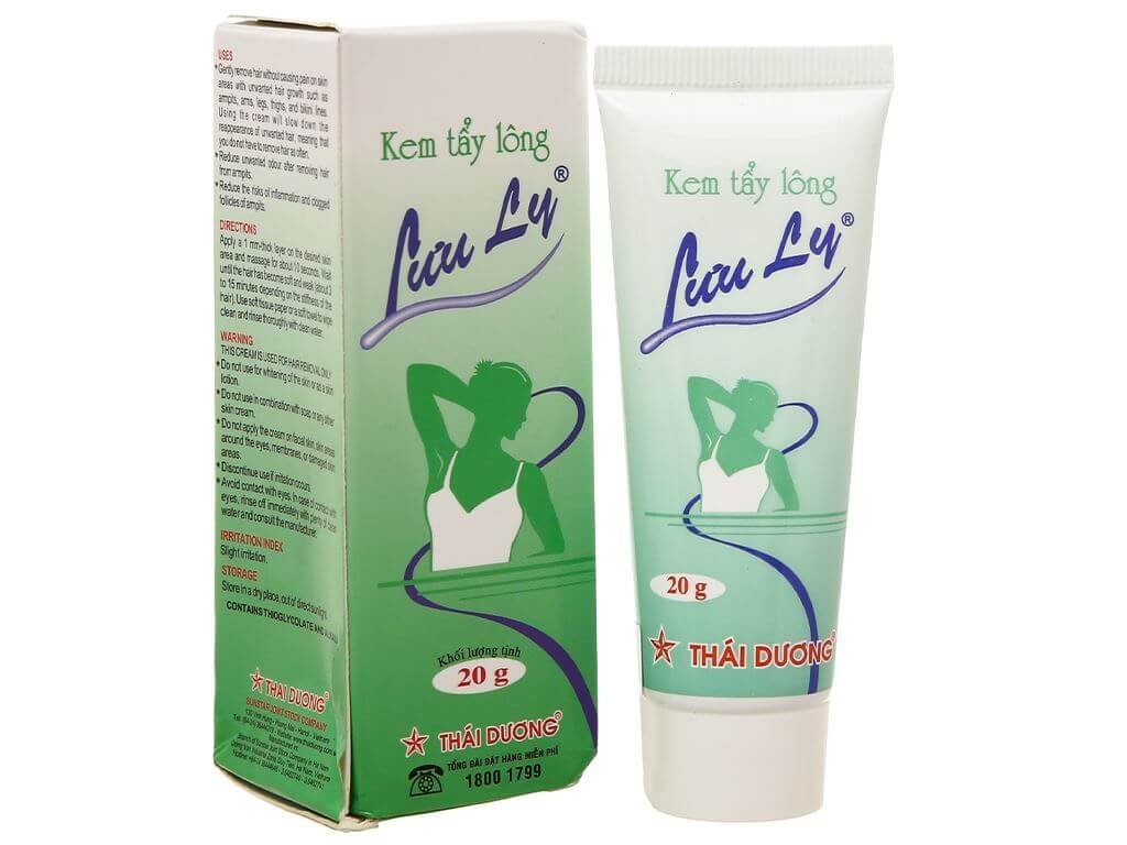 Hộp và tuýp kem tẩy lông Lưu Ly, màu xanh, thương hiệu Thái Dương, trọng lượng 20g, hình minh họa người phụ nữ.