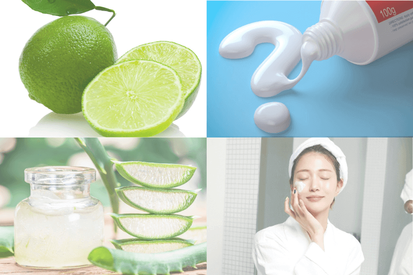 Hình ảnh gồm chanh, kem dưỡng, nha đam và một người đang chăm sóc da mặt trong phòng tắm.