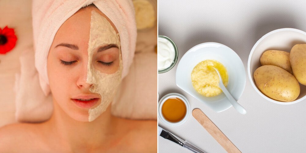 Trái: Người đắp mặt nạ dưỡng da, nằm thư giãn. Phải: Nguyên liệu tự nhiên gồm khoai tây và mật ong.