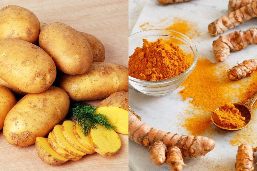 Khoai tây và nghệ bột cùng củ tươi được bày trên bề mặt, tạo thành một sự kết hợp thực phẩm tự nhiên.