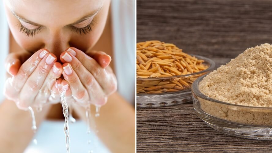 Người đang rửa mặt bằng nước; bát chứa cám gạo và gạo chưa xay trên bề mặt gỗ.
