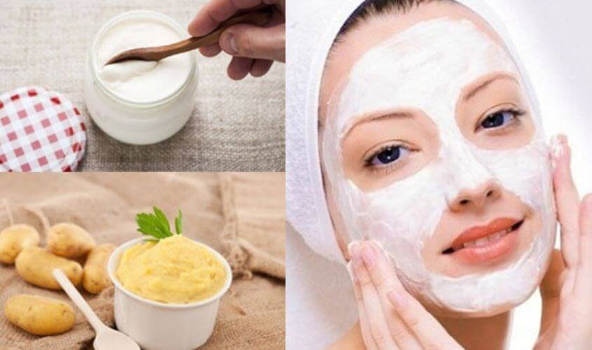 Hũ sữa chua, bát khoai tây nghiền, và người đang đắp mặt nạ dưỡng da, thể hiện quy trình chăm sóc da tự nhiên.