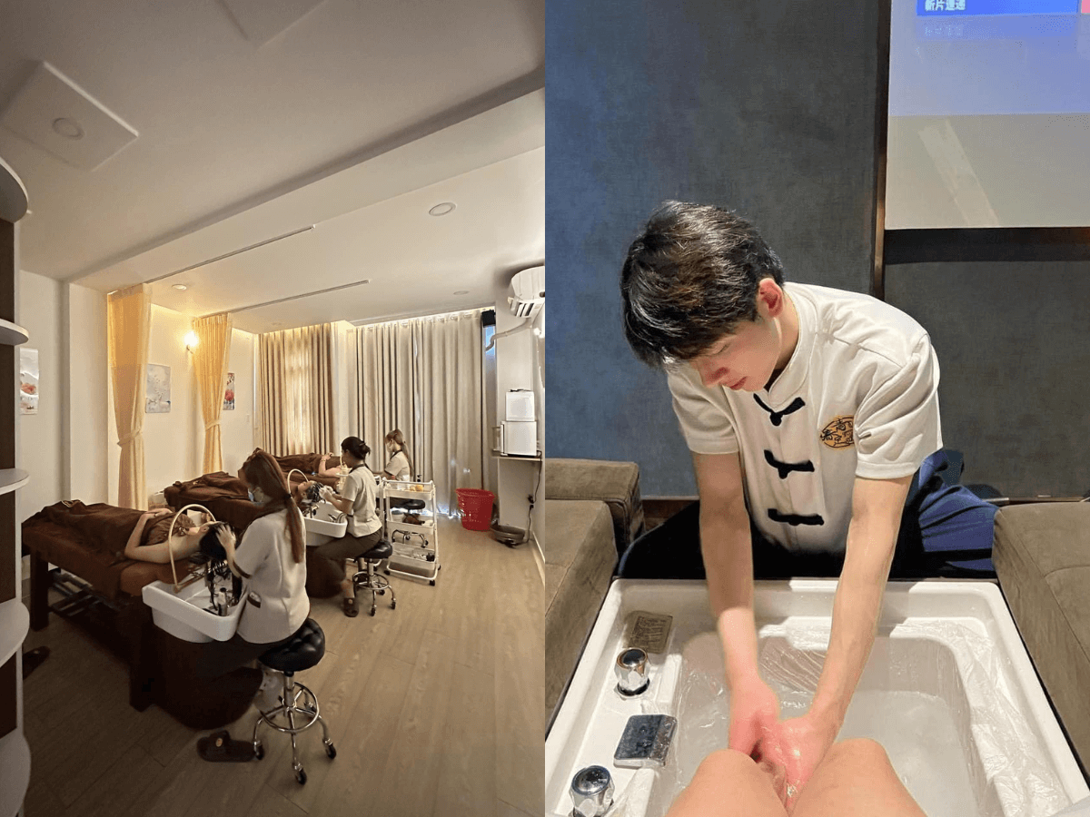 Phòng spa với nhân viên chăm sóc khách hàng, một người đang làm dịch vụ ngâm chân thư giãn.