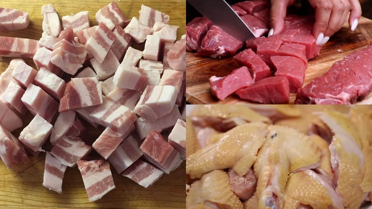 Ba hình ảnh gồm thịt ba chỉ thái miếng, thịt bò thái lát và thịt gà đã làm sạch.