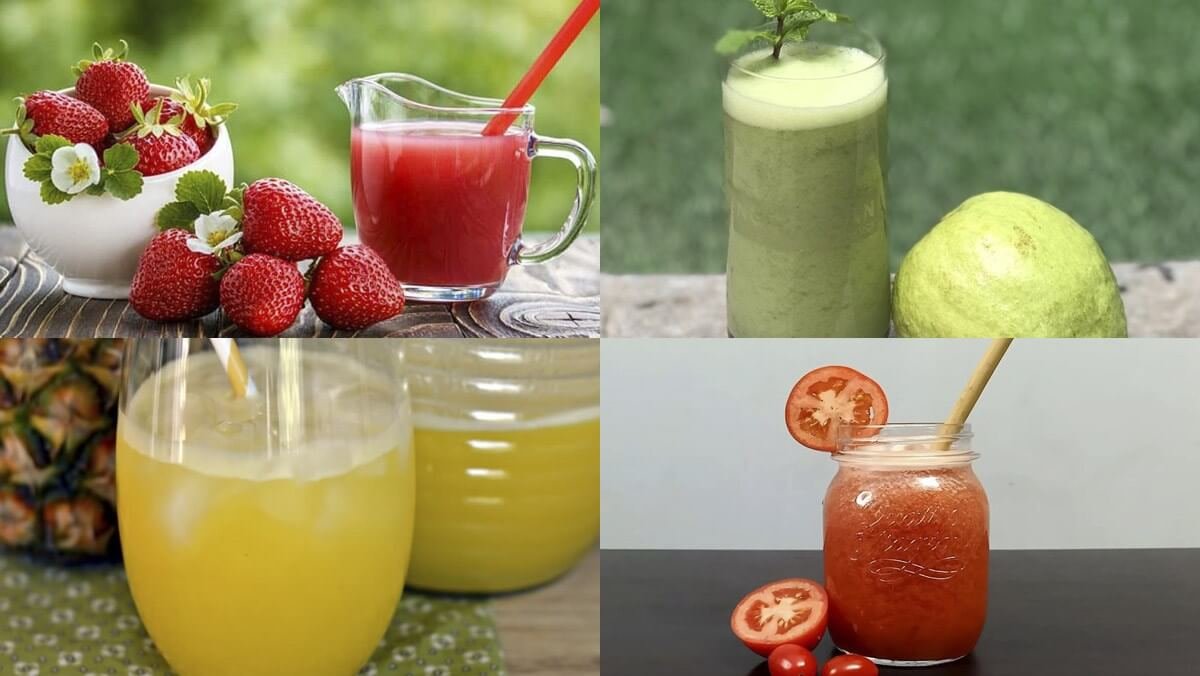 Hình ảnh gồm bốn ly nước ép trái cây: dâu, ổi, dứa và cà chua, trang trí bằng trái cây tươi.