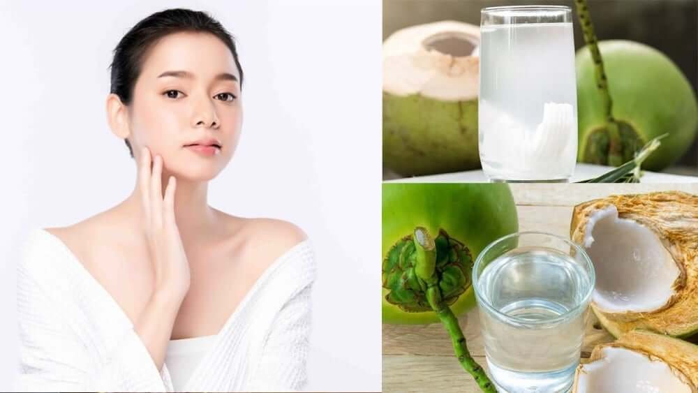 Người phụ nữ chạm mặt, bên cạnh là hình ảnh nước dừa và trái dừa tươi trên bàn.