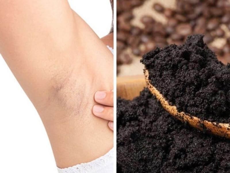 Bên trái là vùng da dưới cánh tay, bên phải là muỗng chứa bã cà phê, có thể dùng làm chất tẩy tế bào chết.