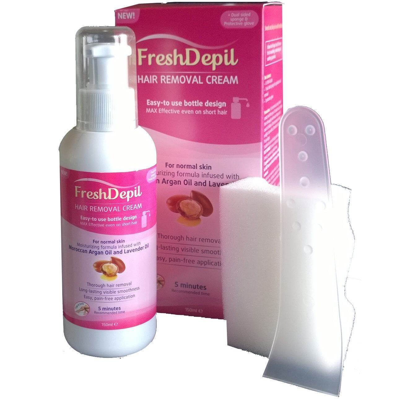 Kem tẩy lông FreshDepil với chai, hộp, miếng bọt biển và dụng cụ hỗ trợ trên nền trắng.