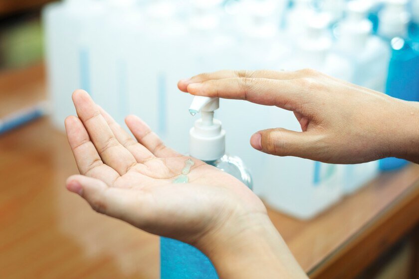 Người đang lấy dung dịch sát khuẩn từ chai bơm lên tay, nền có nhiều chai khác mờ nhạt phía sau.