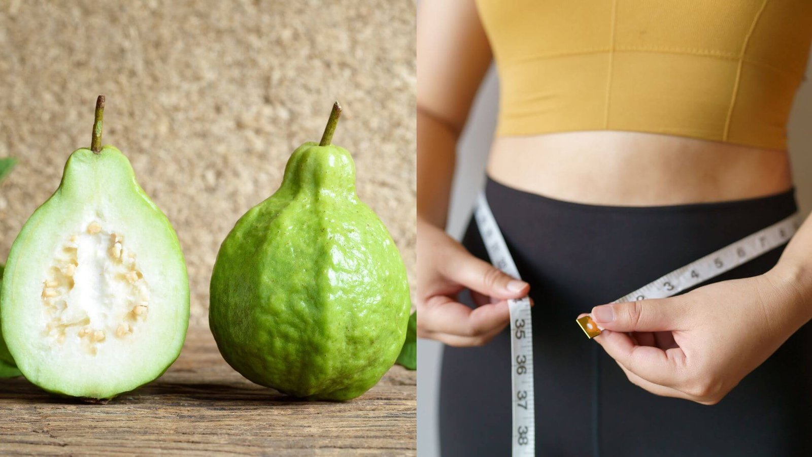 Hình ảnh một quả ổi cắt đôi và một người đang đo vòng eo bằng thước dây.