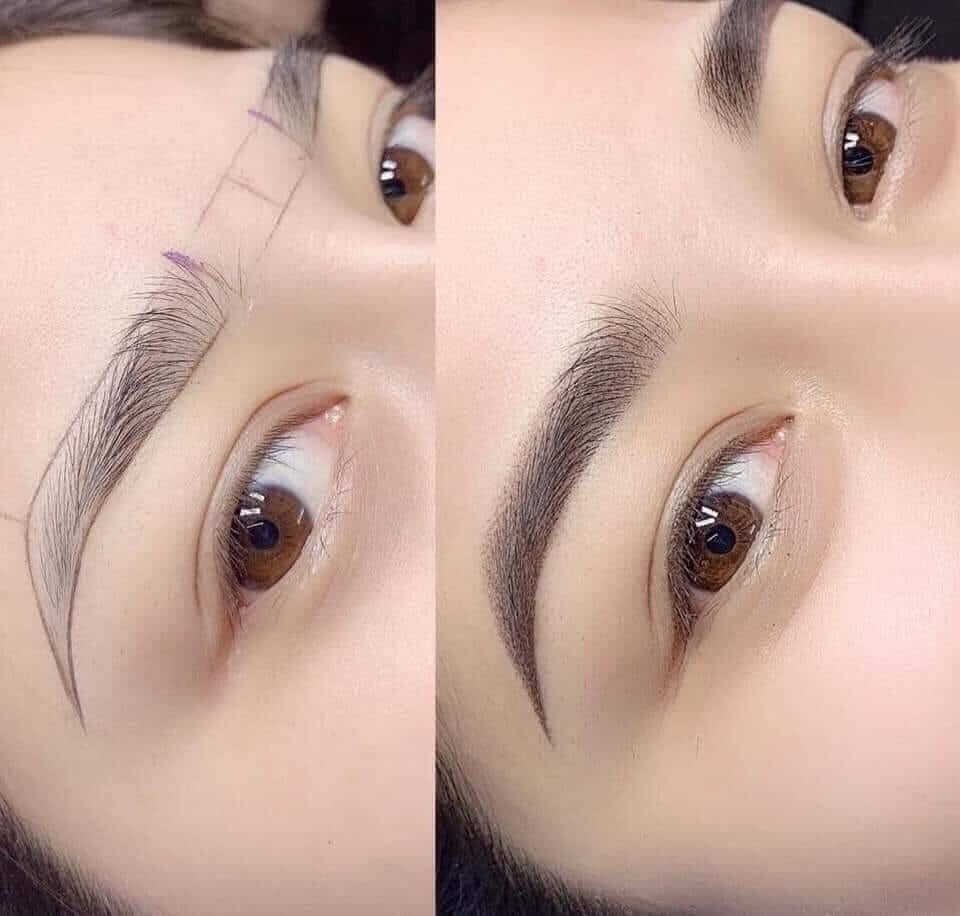 Cận cảnh hình ảnh lông mày trước và sau khi được tạo hình và kẻ viền, cho thấy sự thay đổi rõ rệt.
