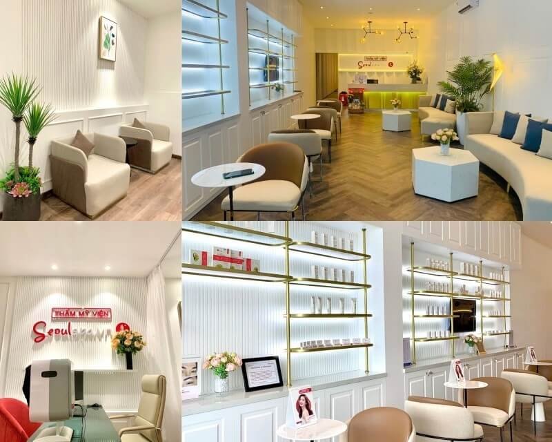 Nội thất hiện đại của spa với ghế ngồi thoải mái, bàn nhỏ, kệ trưng bày sản phẩm và cây cảnh trang trí.