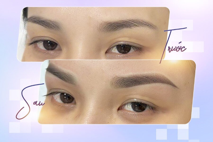 Hình ảnh trước và sau khi làm đẹp lông mày, cho thấy sự thay đổi rõ rệt về độ dày và hình dáng.