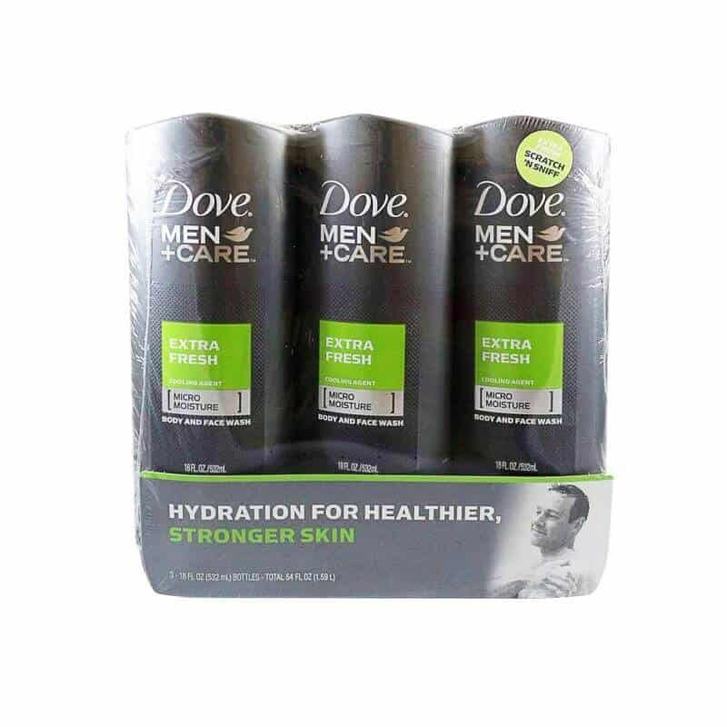 Ba chai sữa tắm Dove Men+Care Extra Fresh, có nhãn màu xanh lá, đóng gói trong bao nhựa trong suốt.