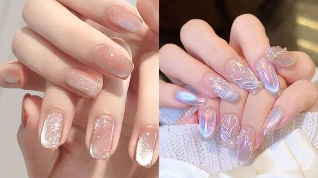 Top 15+ Mẫu Sơn Đầu Móng Kim Tuyến Đẹp Sang Trọng, Cuốn Hút 2 Hai bộ móng tay được sơn màu ánh kim và trang trí họa tiết tinh tế trên nền trắng.