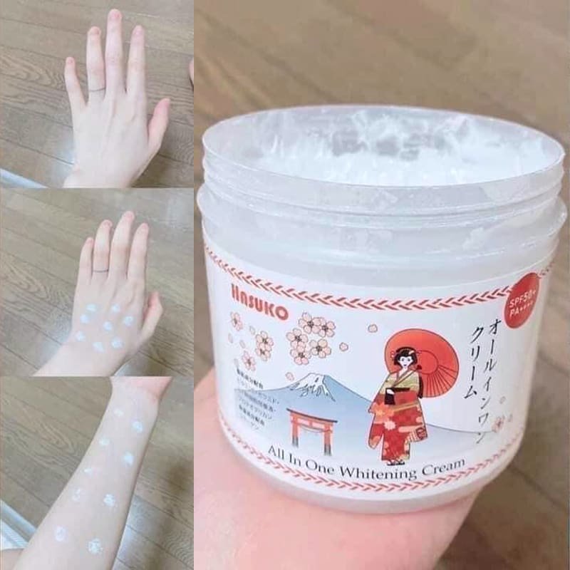 Tay và cánh tay trước và sau khi thoa kem trắng da, bên cạnh là lọ kem với thiết kế họa tiết truyền thống.