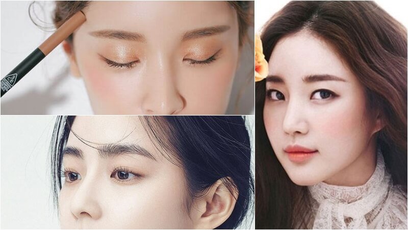 Ba hình ảnh cận cảnh khuôn mặt phụ nữ, tập trung vào trang điểm mắt và chân mày với phong cách tự nhiên.