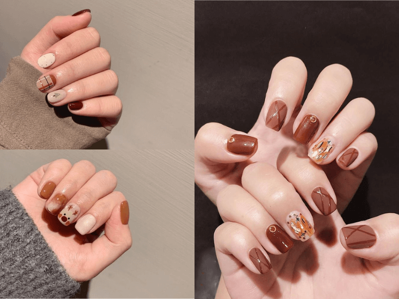Các móng tay được sơn màu nâu và trắng với họa tiết trang trí khác nhau, chụp trên nền tối và sáng.