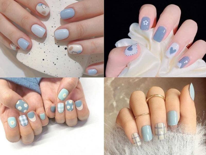 Bốn kiểu móng tay với sơn màu xanh dương nhạt, trang trí hoa, họa tiết trái tim và kẻ sọc.