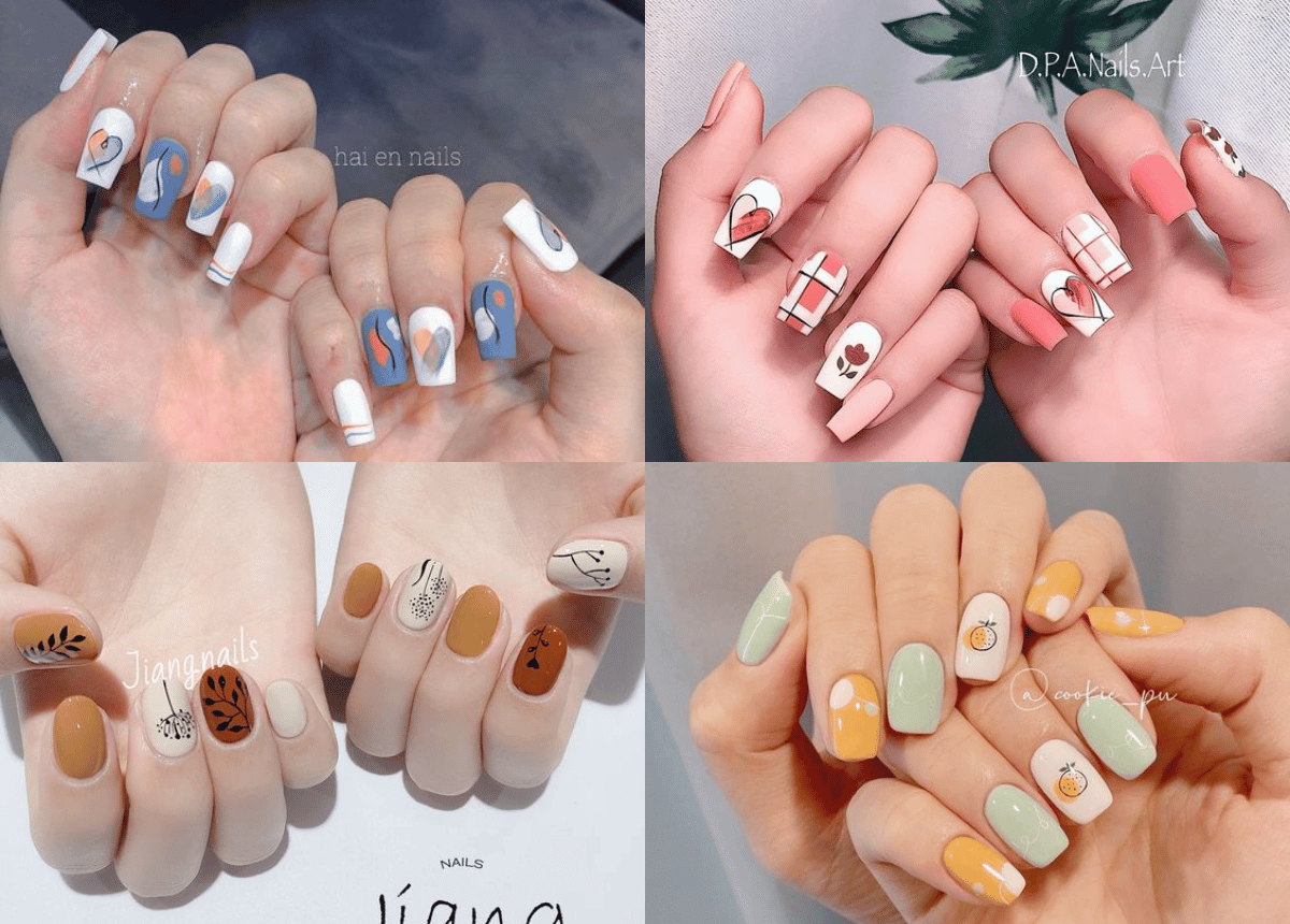 Bốn bộ móng tay nghệ thuật với họa tiết và màu sắc khác nhau, gồm xanh, trắng, cam và hồng.