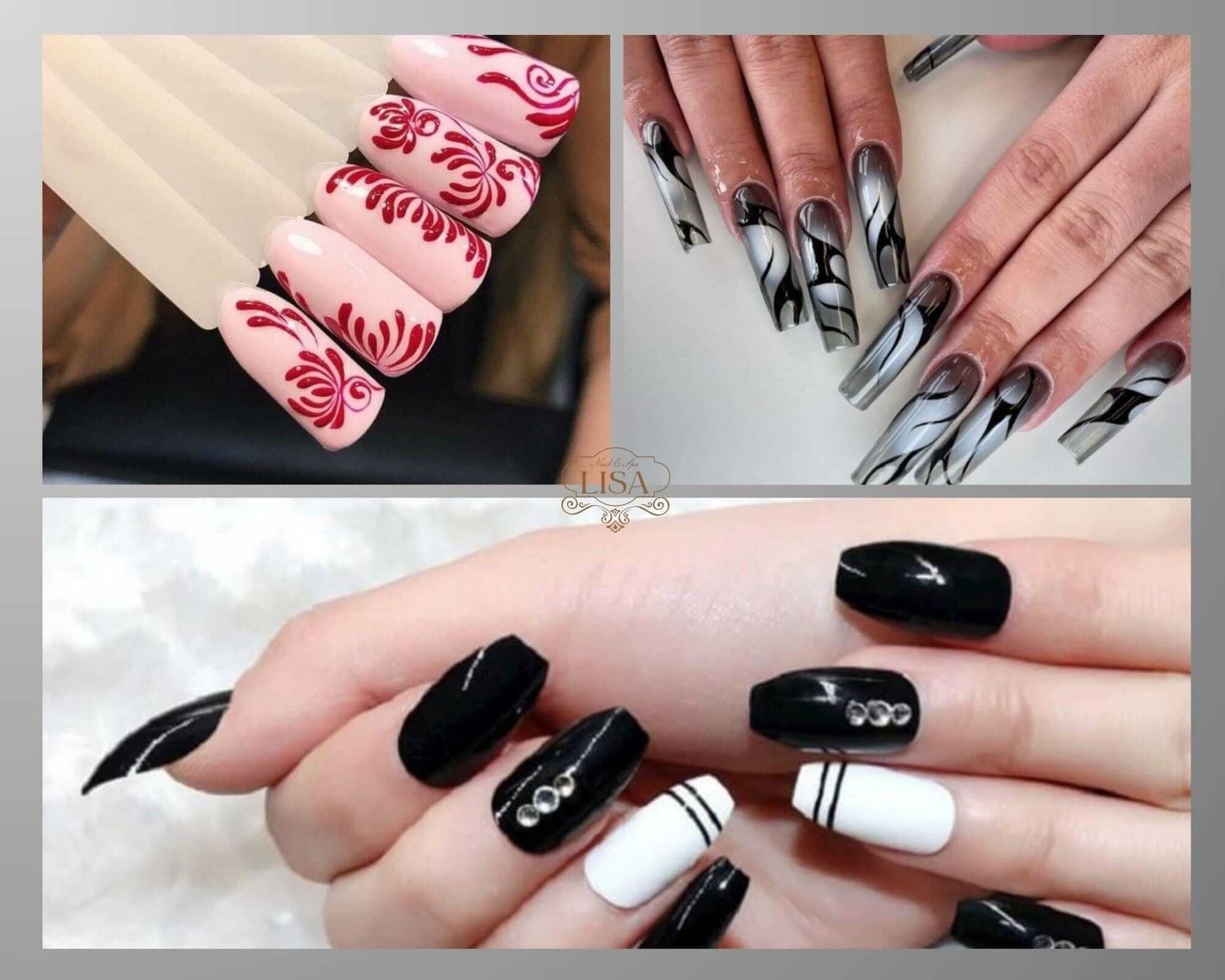 Ba mẫu móng tay nghệ thuật với thiết kế hoa văn đỏ, đen trắng và xám đen độc đáo.