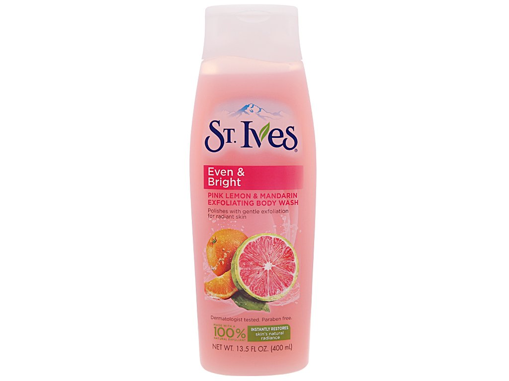 Chai sữa tắm màu hồng, nhãn hiệu St. Ives, hương chanh hồng và quýt, dung tích 400 ml.