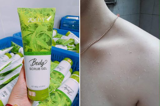 Hình ảnh chai gel tẩy tế bào chết chiết xuất trà xanh và làn da sau khi sử dụng sản phẩm.